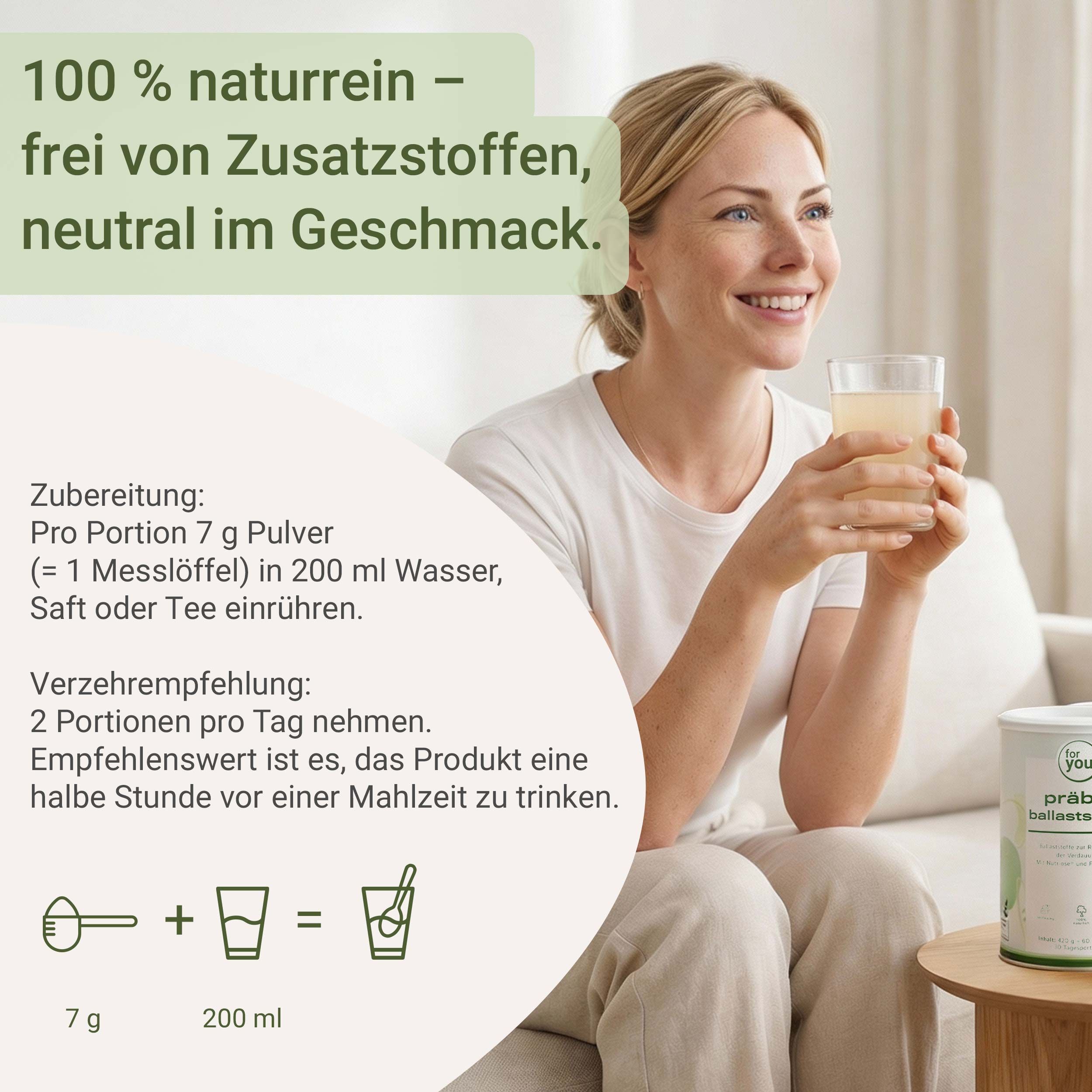 Glas mit Präbiotik-Ballaststoff-Getränk, Dose im Hintergrund.