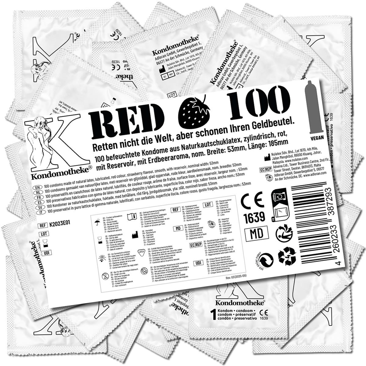 Kondomotheke *Red* Packung mit 100 Kondomen. Zylindrisch, rot, mit Erdbeeraroma. Breite 53mm, Länge 185mm. Mit Reservoir. Vegan. CE-Kennzeichnung.