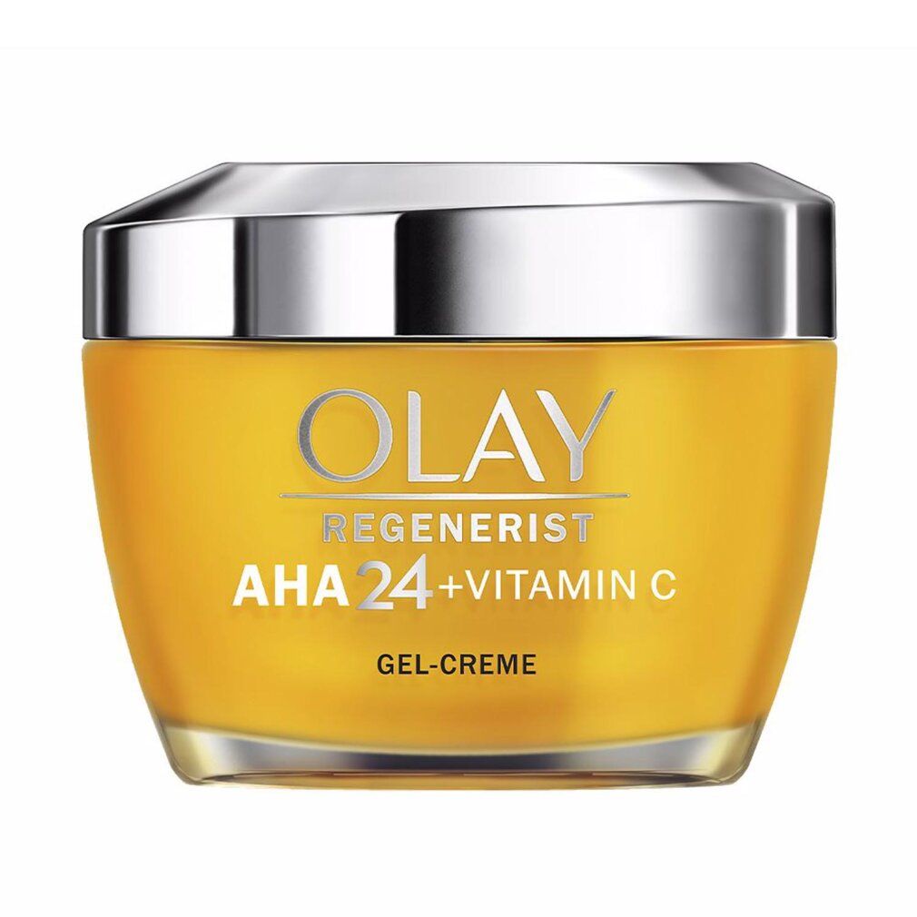 Olay Regenerist AHA 24 + Vitamin C Gel-Creme. Gelbes Glas mit silbernem Deckel. Produktbezeichnung.