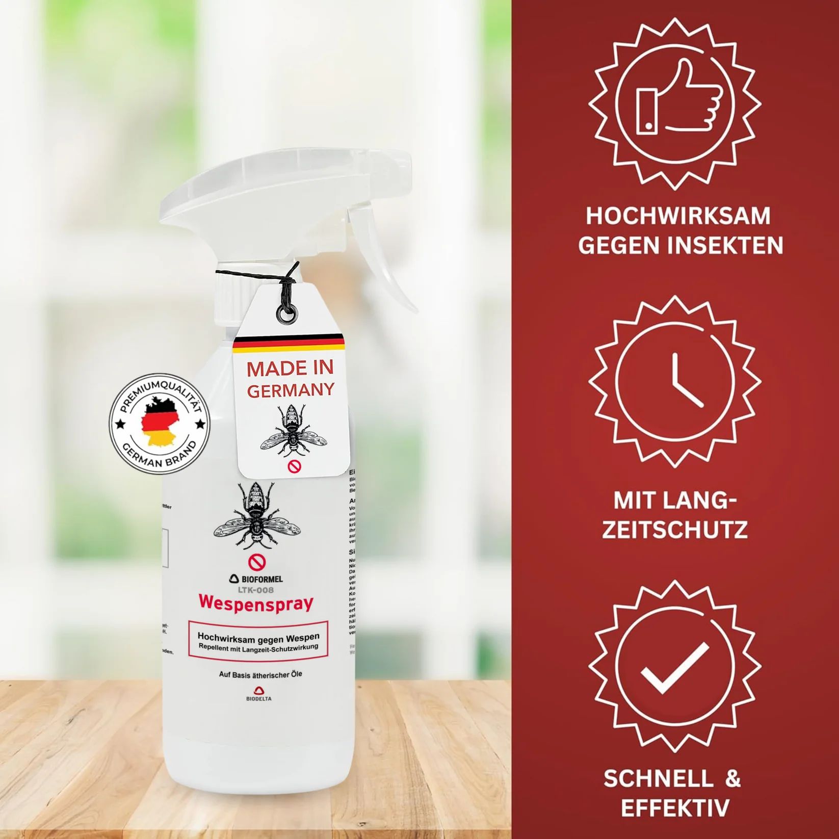 Weitenspray-Flasche mit Sprühkopf. Made in Germany-Etikett. Hochwirksam gegen Insekten, Langzeitschutz, schnell & effektiv.