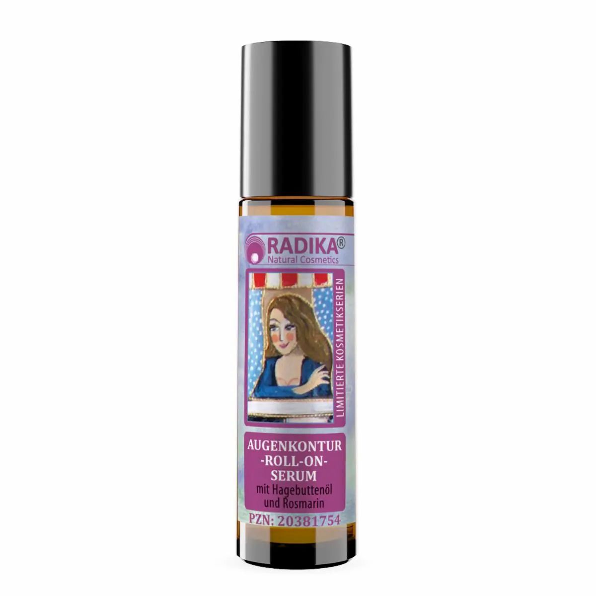 Roll-on-Serum mit Hagebuttenöl und Rosmarin. Zylindrische Flasche mit schwarzem Deckel. PZN 20381754.