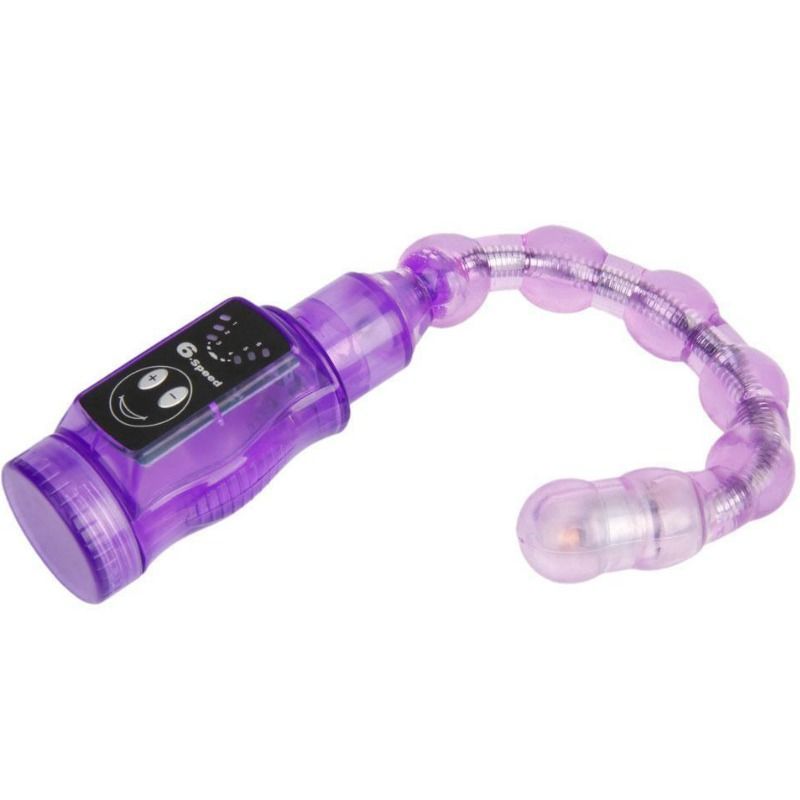 Lila Vibrator, gebogene Form, mit flexiblem Schaft und beleuchteter Spitze.