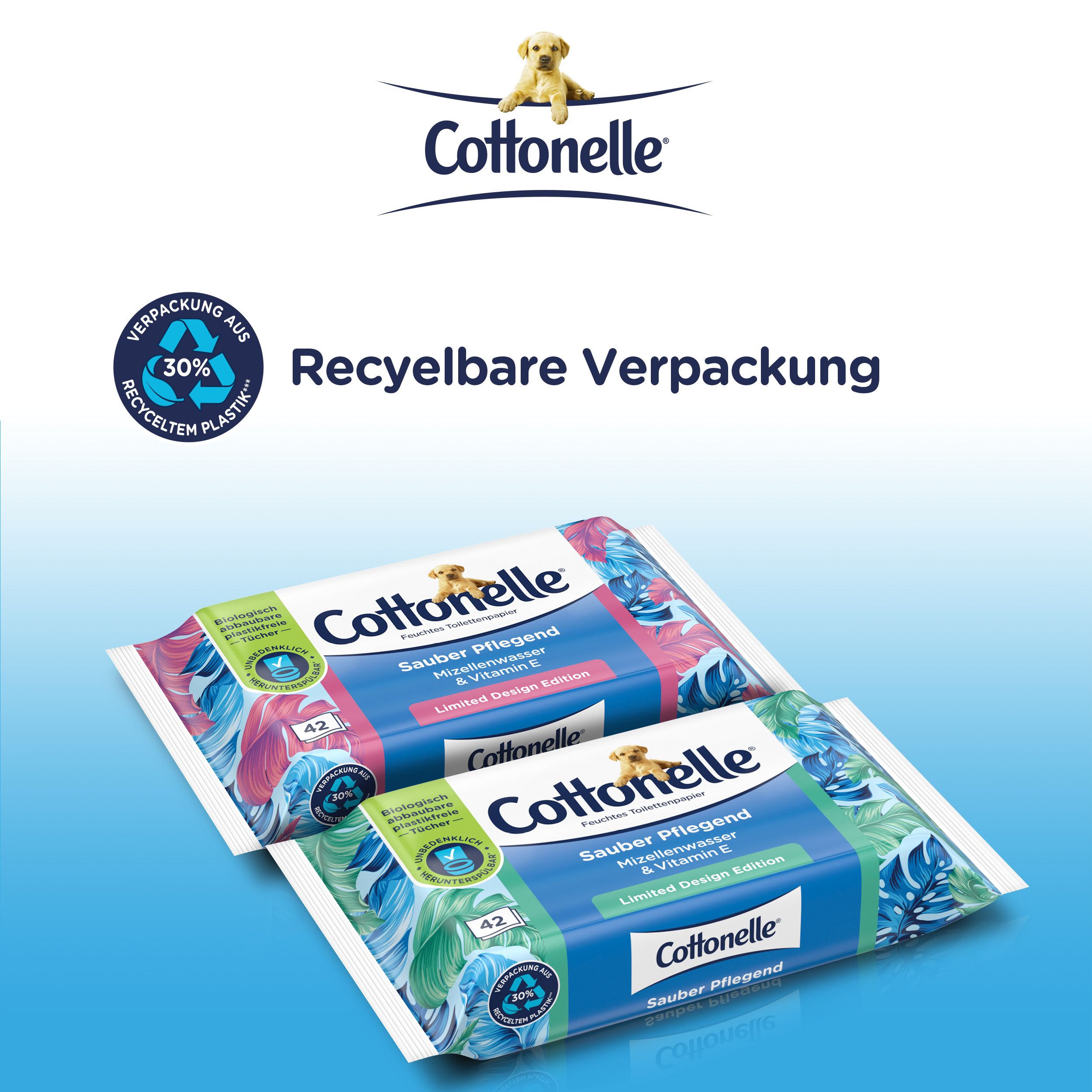 Zwei Packungen Cottonelle Feuchtes Toilettenpapier. Aufdruck: Sauber Pflegend, Mizellenwasser & Vitamin E, Limited Design Edition. 42 Tücher.