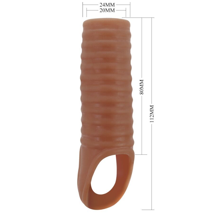 Penishülse aus braunem Material mit geriffelter Oberfläche, Maße: 112x24x20mm.
