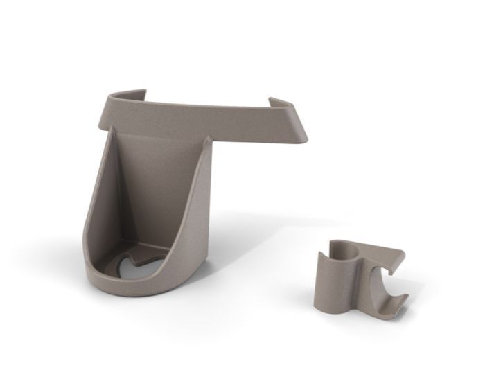 Zwei beige Stockhalterungen. Eine größere Halterung mit einer Öffnung und eine kleinere Halterung.