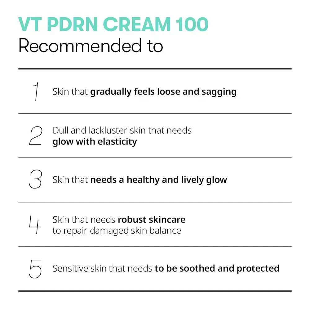 VT Cosmetics PDRN Cream 100 Tube mit silbernem Verschluss und türkisfarbenem Akzent.