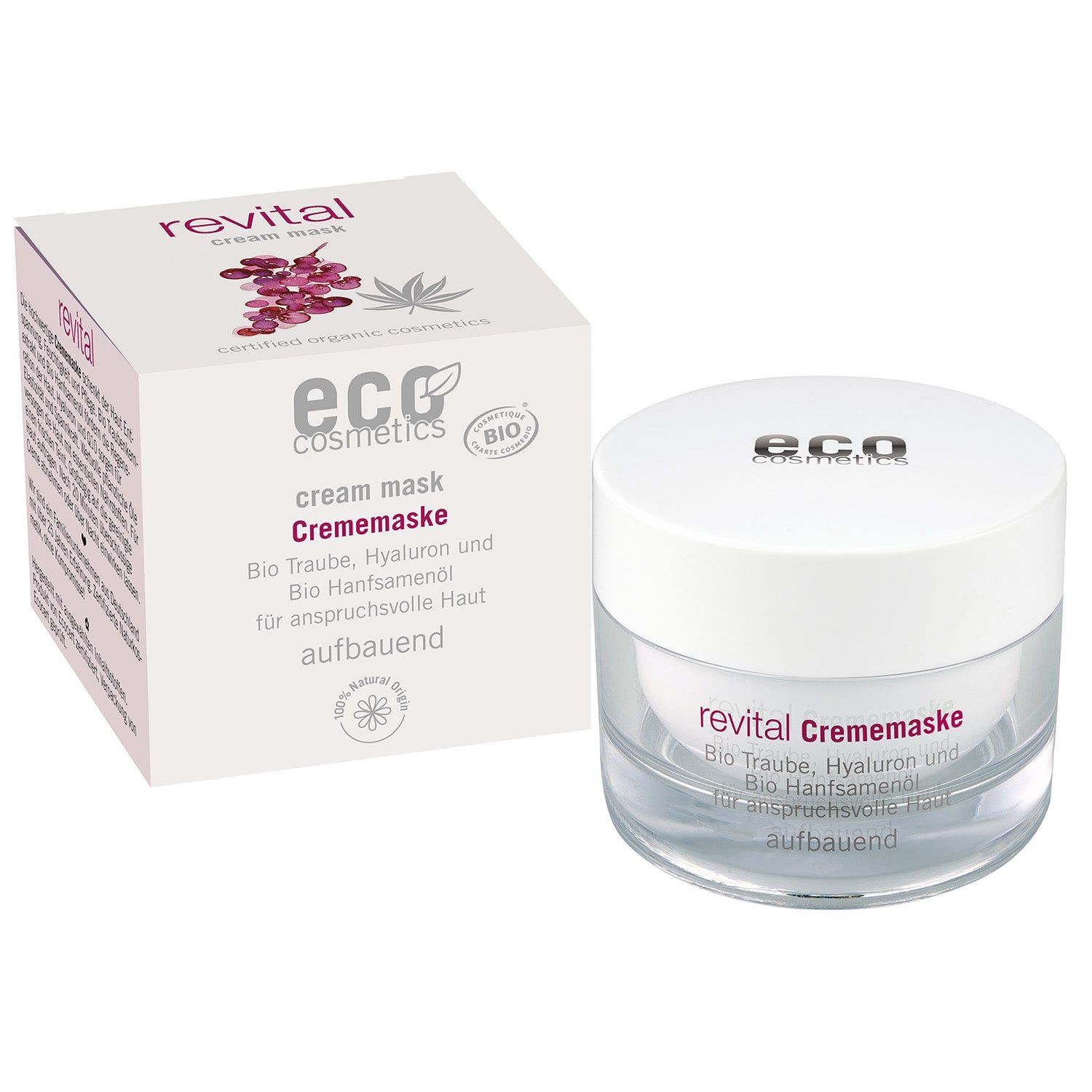 Crememaske in Glasbehälter mit Deckel und Karton. Aufschrift: revital Crememaske, eco cosmetics, Bio Traube, Hyaluron und Bio Hanfsamenöl.