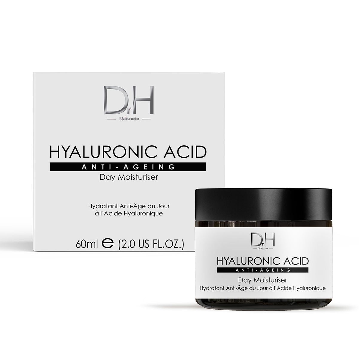 Creme und Verpackung. Creme in schwarzem Tiegel, Verpackung weiß. Aufschrift: Hyaluronsäure, Anti-Aging, Day Moisturiser.