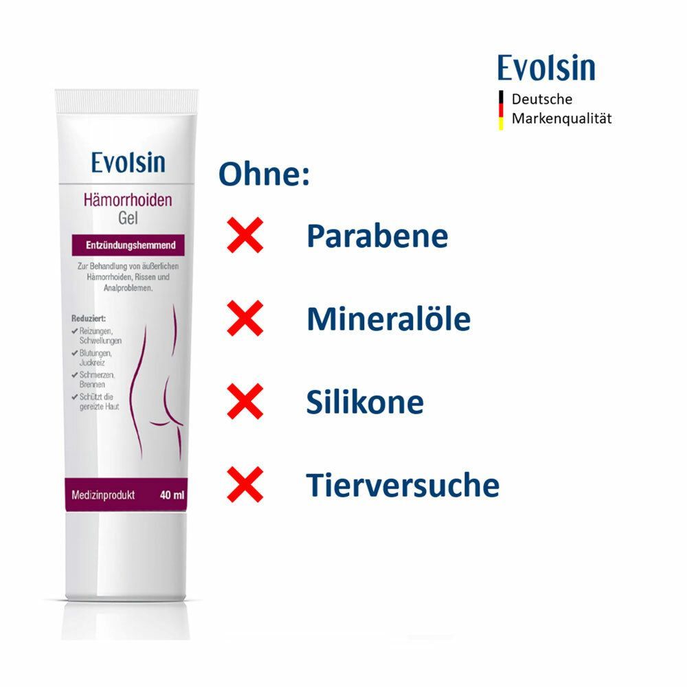 Tube mit Gel. Aufschrift: Evolsin® Hämorrhoiden Gel. Ohne: Parabene, Mineralöle, Silikone, Tierversuche. 40 ml.