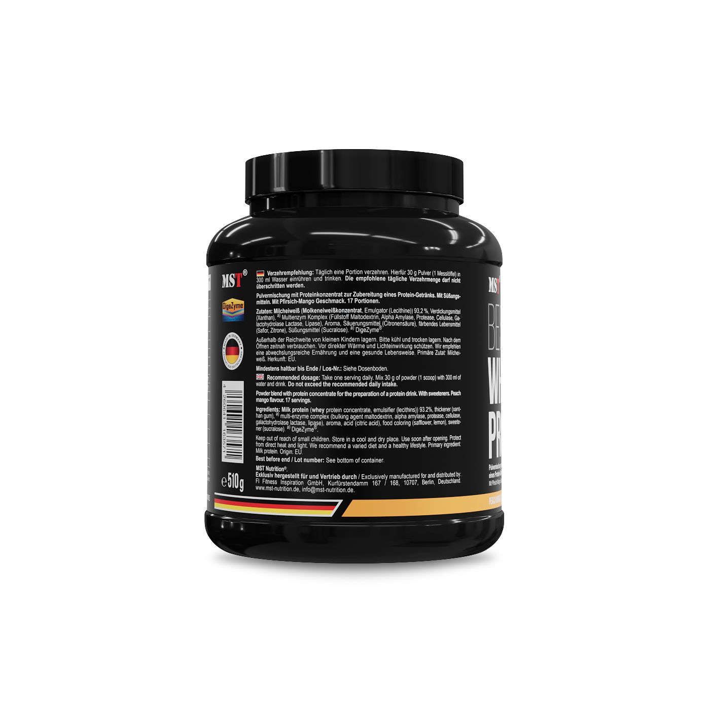 Rückseite der schwarzen Dose MST Best Whey Protein. Text in deutscher und englischer Sprache. 510g.