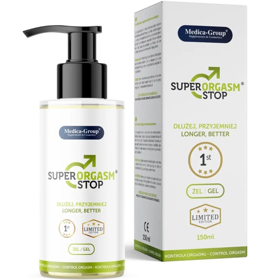 Medica-Group Super Orgasm Stop Intimgel für Männer, 150ml Flasche mit Pumpspender und Karton.