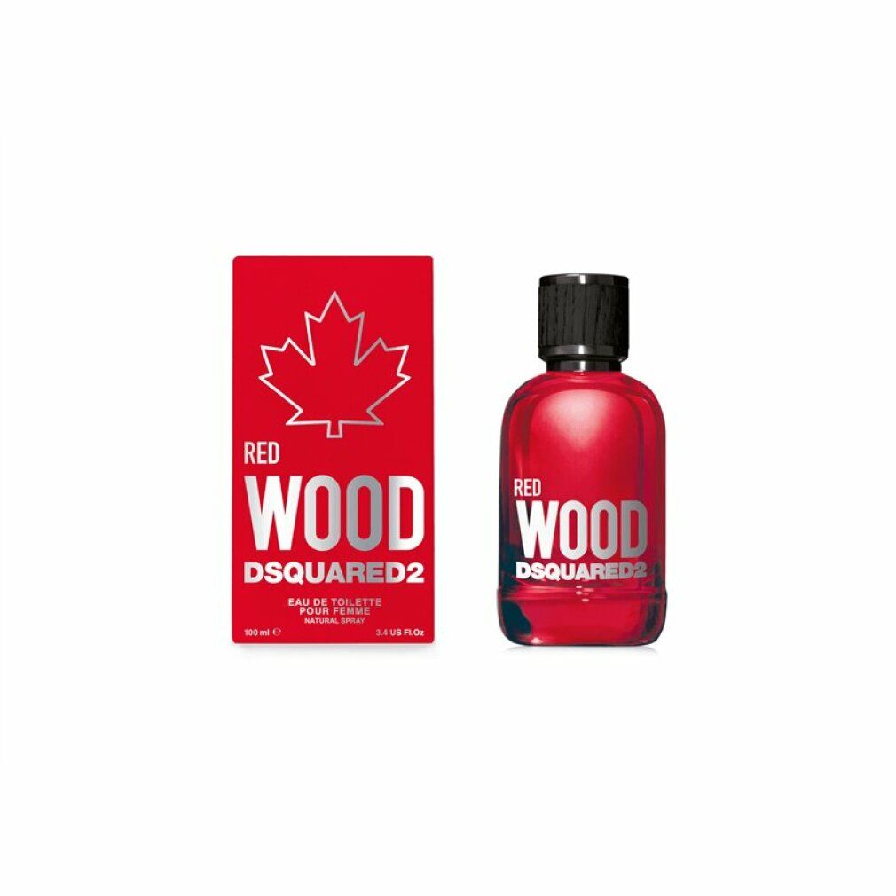 Roter Flakon und Verpackung. Aufschrift: RED WOOD DSQUARED2. Ahornblatt.