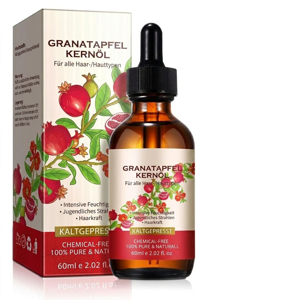 Braune Flasche mit Pipette, Granatapfelkernöl. Verpackung. Text: Granatapfelkernöl, Kaltgepresst, 100% Pure & Natürlich.