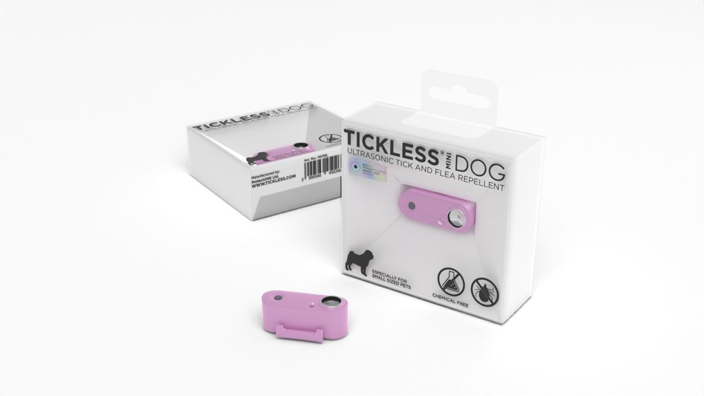 Tickless Mini Dog, rosa Gerät und Verpackung. Geöffnete Schachtel, Produktname und Logos sichtbar. Ultraschall-Zecken- und Flohschutz.