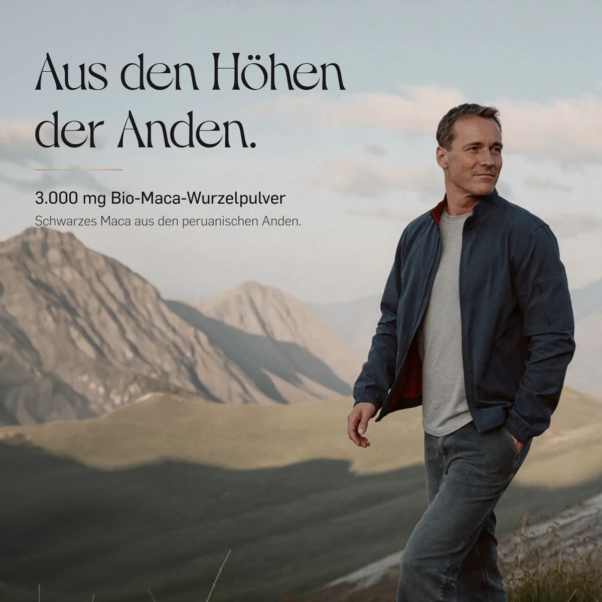 Mann in Berglandschaft. Kurkraft Bio Maca Schwarz aus den peruanischen Anden.