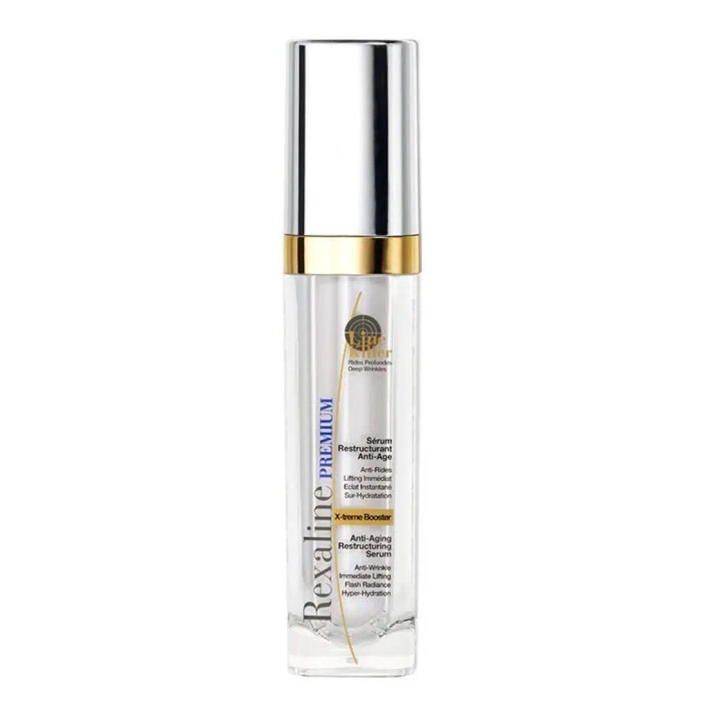 Transparente Serumflasche mit silberner Kappe und goldfarbenem Ring. Aufschrift: Rexaline Premium.