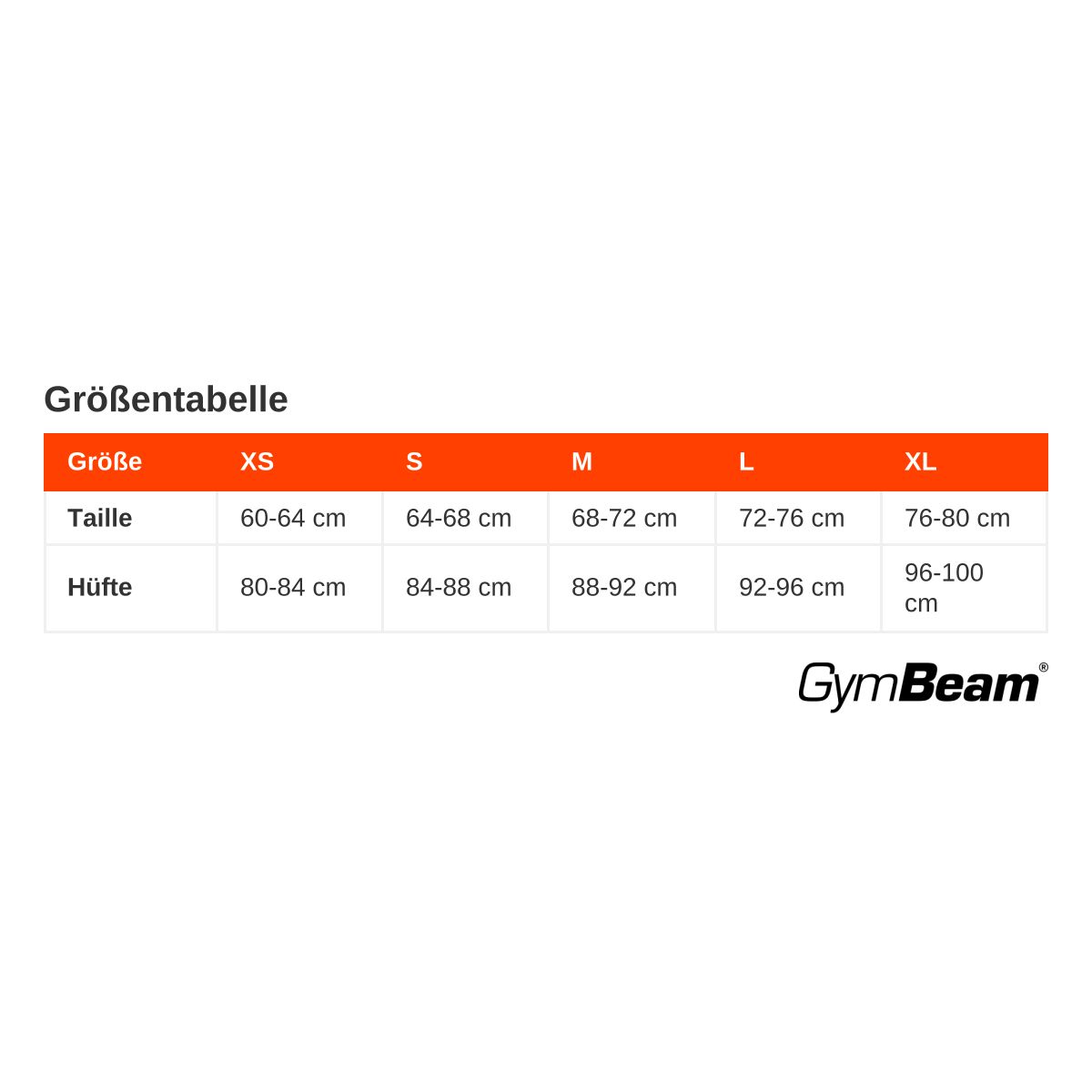 Größentabelle für Taille und Hüfte von XS bis XL mit cm-Angaben. GymBeam Logo.