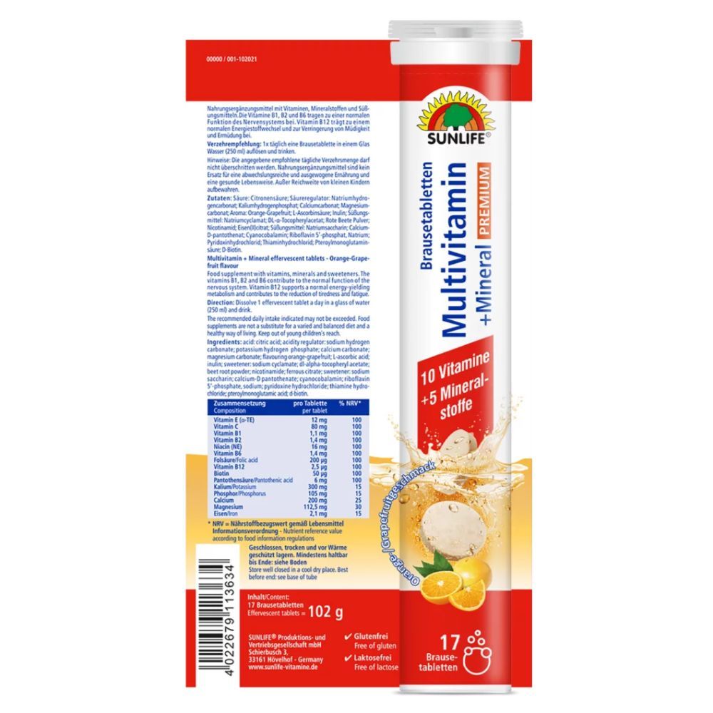 Rückseite der Verpackung mit Informationen zu SUNLIFE Brausetabletten. Enthält 17 Tabletten. Angaben zu Inhaltsstoffen und Nährwerten.