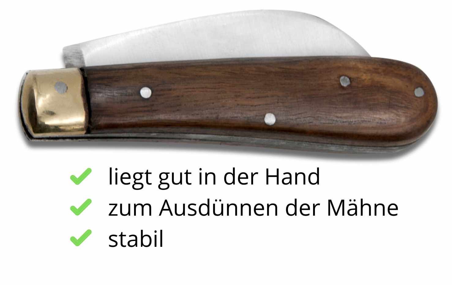 Mähnenverziehmesser mit Holzgriff und Metallklinge. Geschlossen. Text: liegt gut in der Hand, zum Ausdünnen der Mähne, stabil.