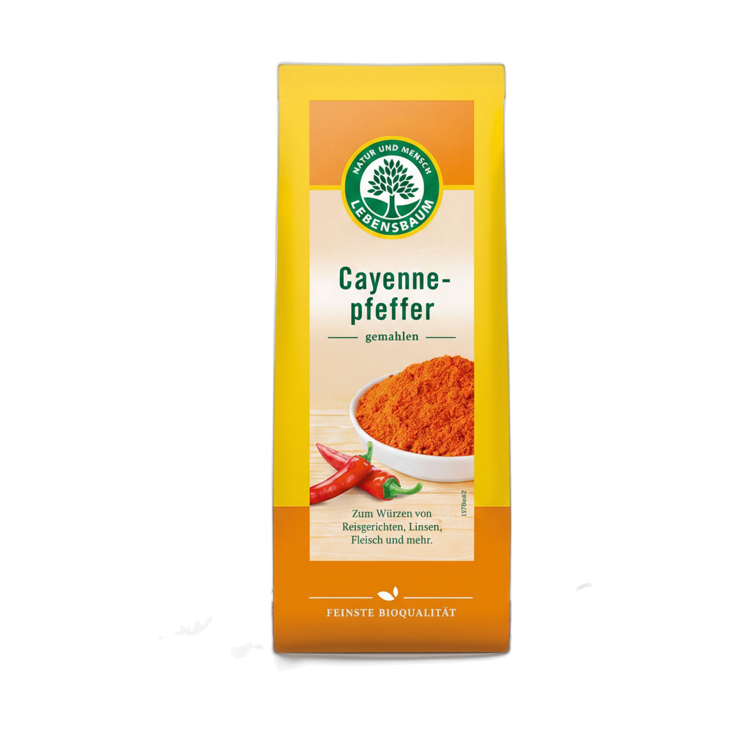 Packung Bio Cayennepfeffer gemahlen mit Abbildung von Chilis und einer Schüssel voll Pulver. 50g.