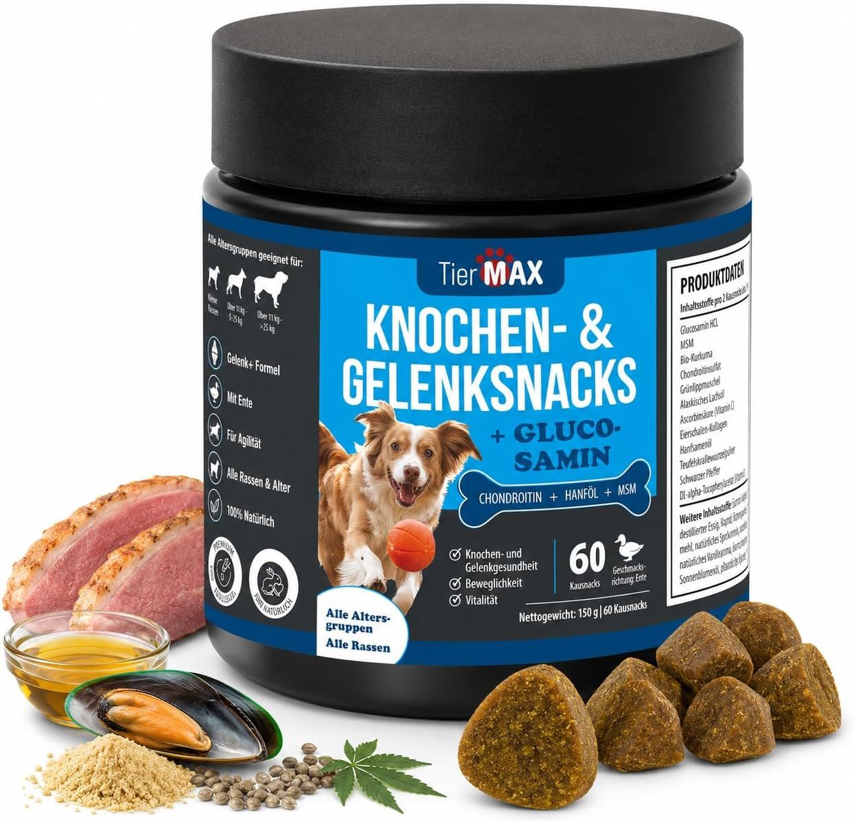Tiermax Knochen- & Gelenksnacks: Dose mit Fleisch, Muscheln und Kauartikeln.
