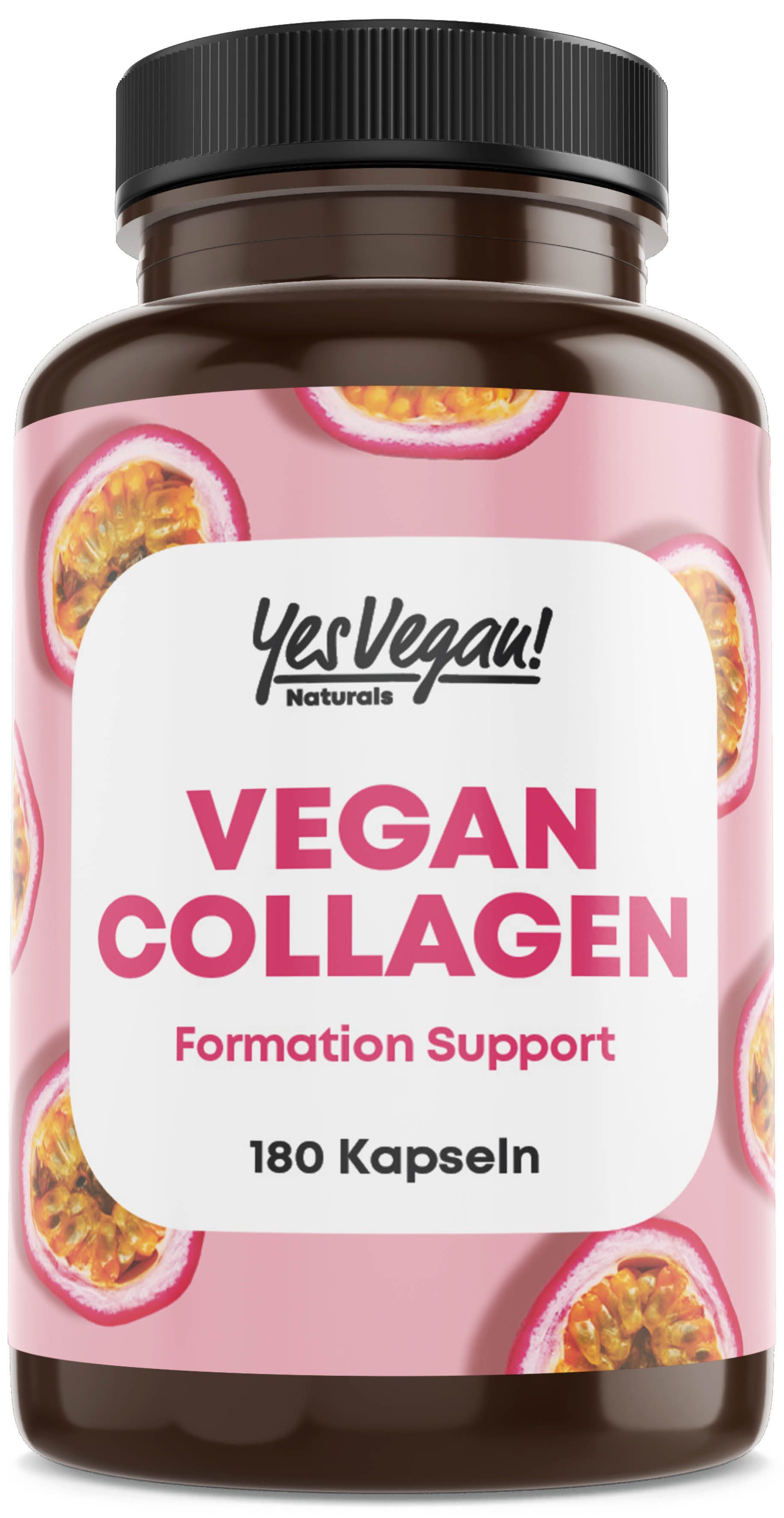 Braune Flasche mit Aufschrift: Yes Vegan! Vegan Collagen, Formation Support, 180 Kapseln. Rosa Hintergrund.