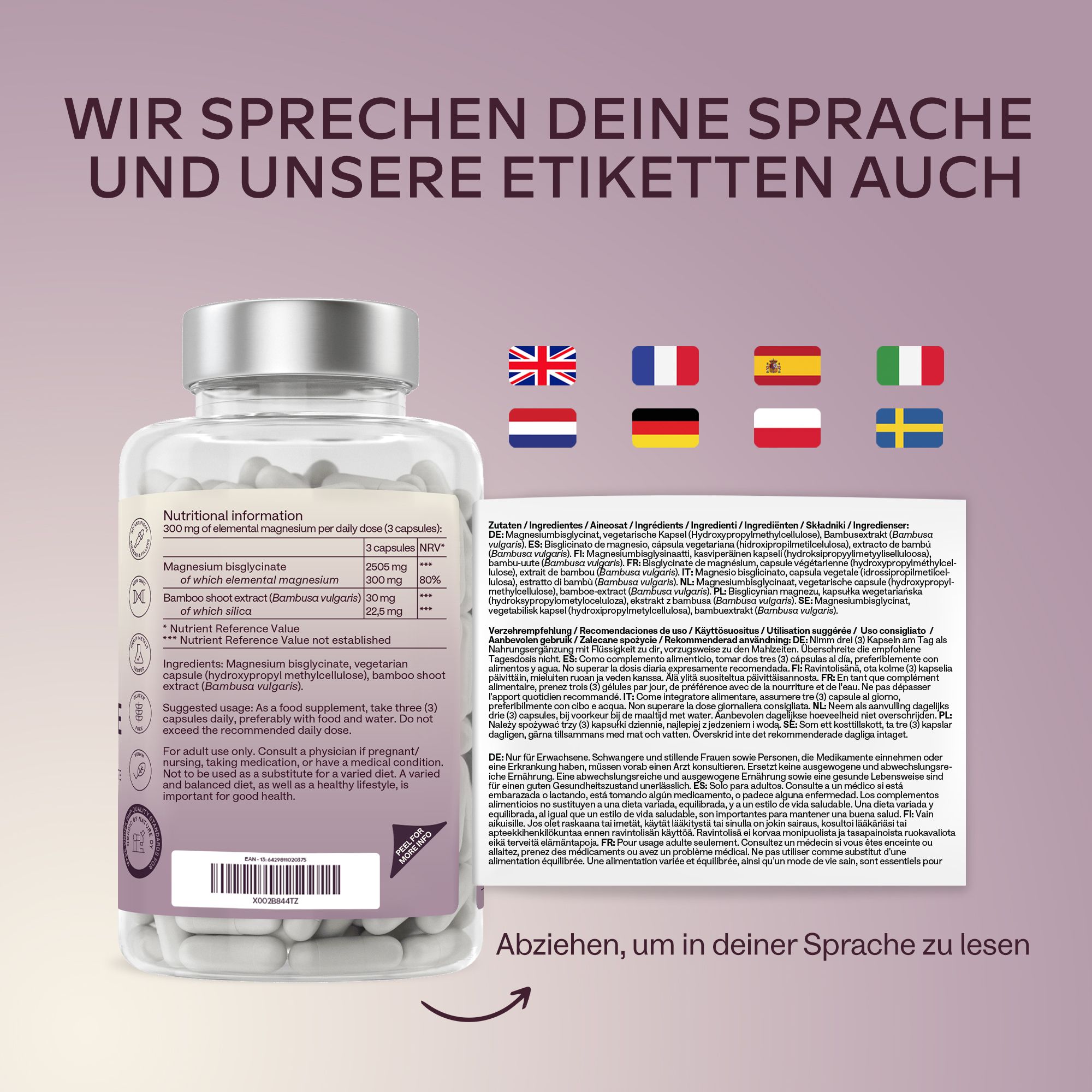 Flasche mit weißen Kapseln. Etikett mit verschiedenen Sprachversionen. Abziehetikett.