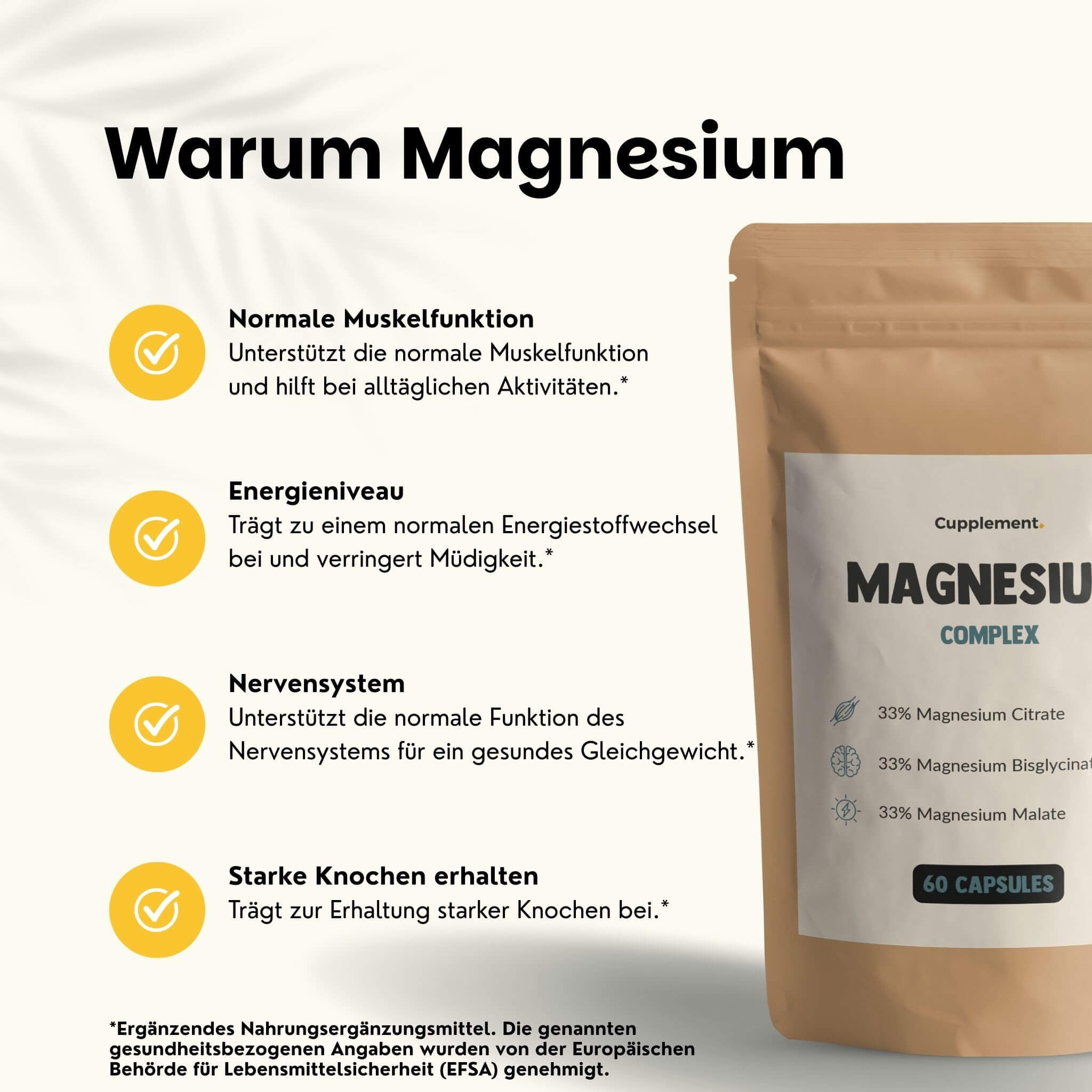 Beutel mit Kapseln. Text: Magnesiumkomplex. 60 Kapseln. Inhaltsstoffe: Magnesiumcitrat, Bisglycinat, Malat. Vorteile.