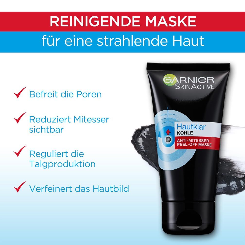 Garnier SkinActive Hautklar Kohle Peel-Off Maske neben schwarzem Maskenrest. Text: Reinigende Maske.