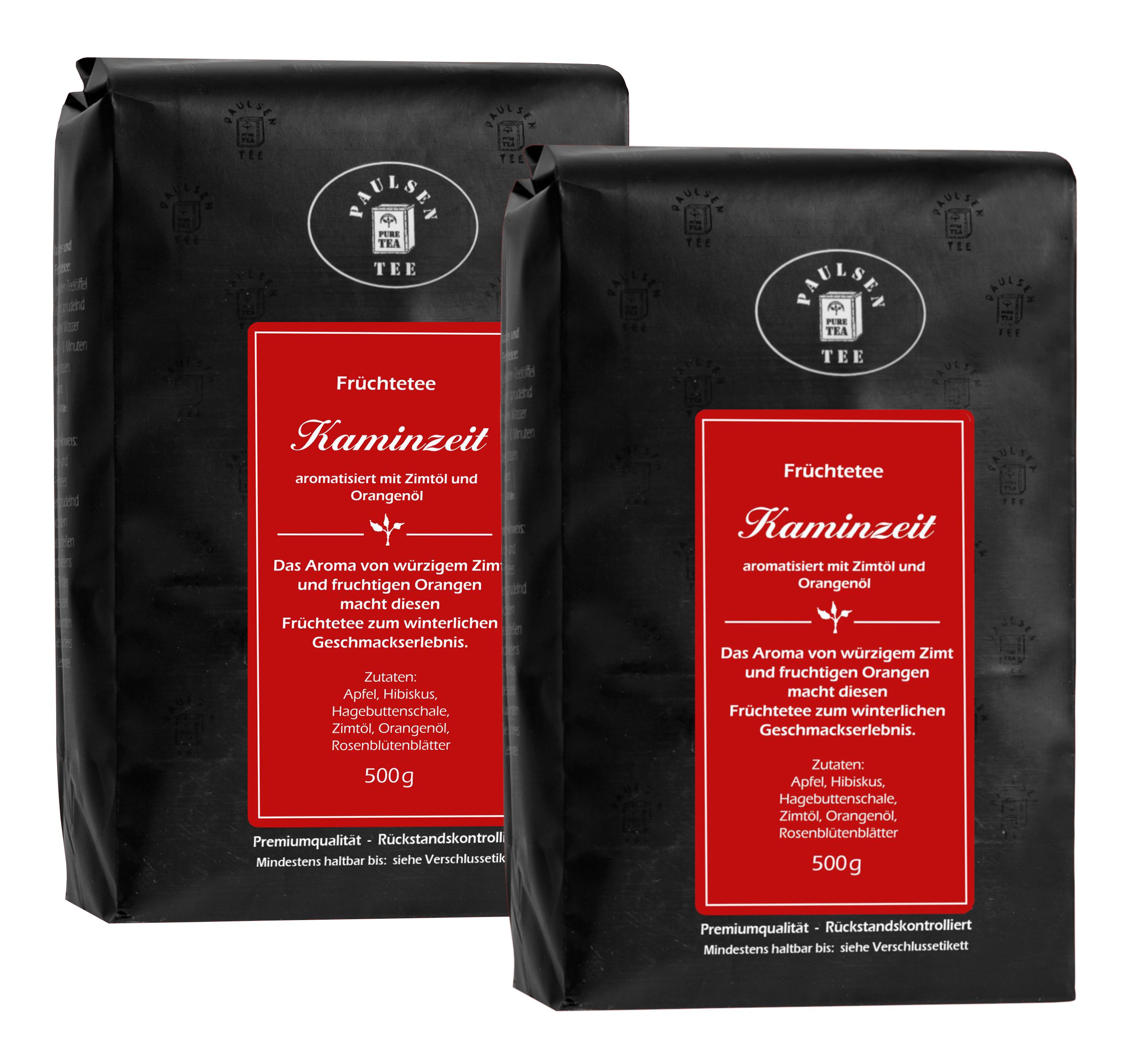Zwei schwarze Beutel mit rotem Etikett. Aufschrift: Paulsen Tee, Früchtetee Kaminzeit. 500g. Zutatenliste.
