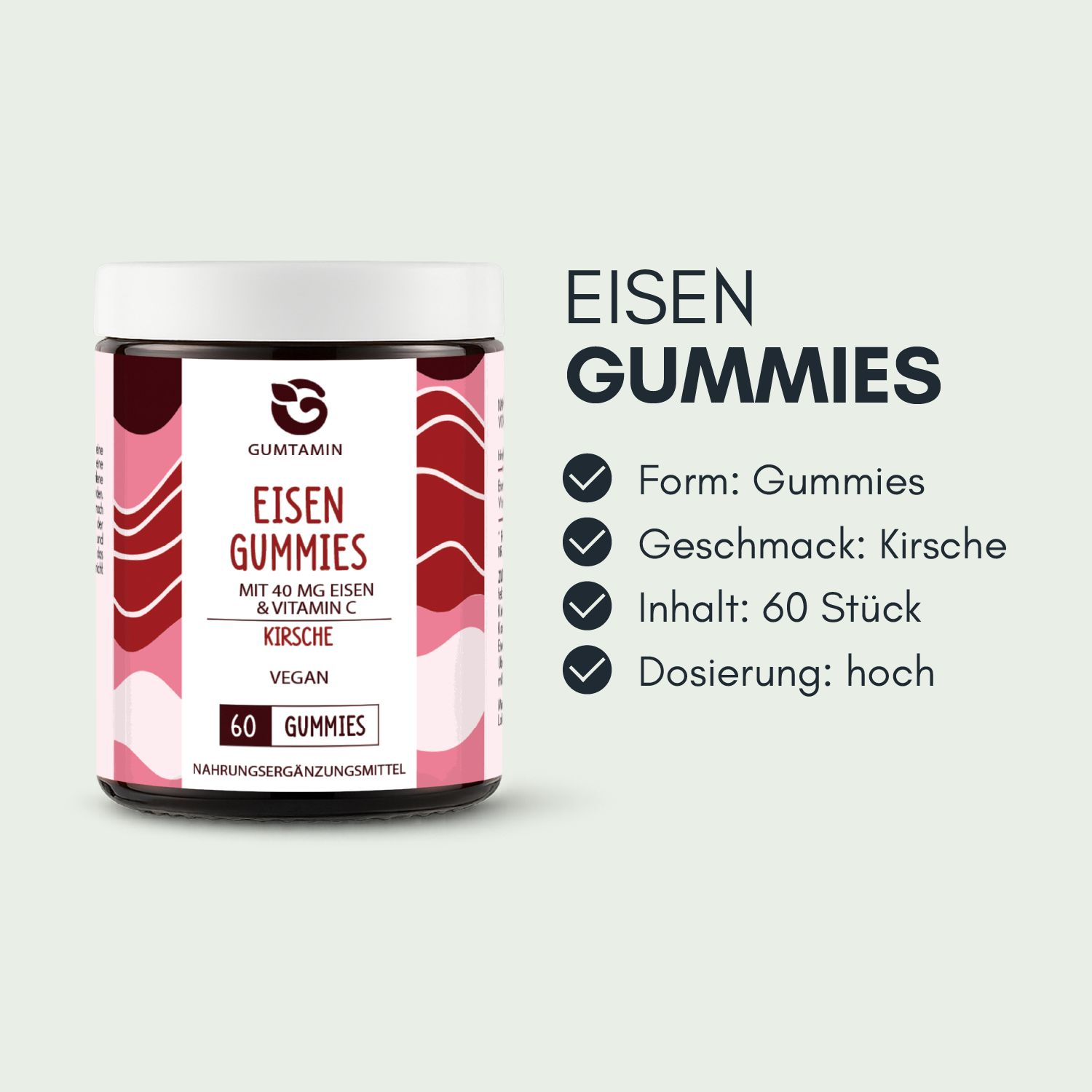 Glas mit Eisen Gummibärchen. Aufschrift: Eisen Gummies, Kirsche, 60 Stück. Vegan. Marke: Gumtamin.