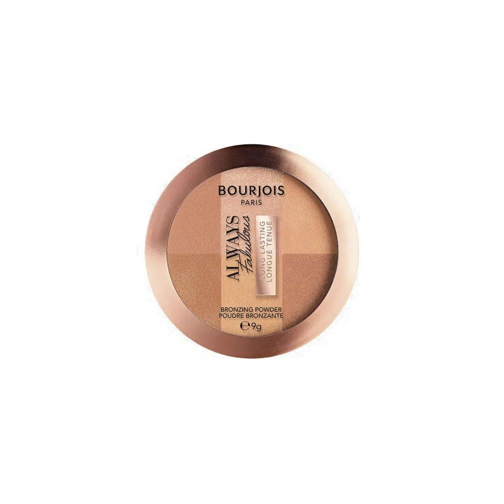 Runder Bronzer-Puder von Bourjois. Vier Farbnuancen, roségoldfarbene Verpackung. Schriftzug: Always Fabulous, Long Lasting.
