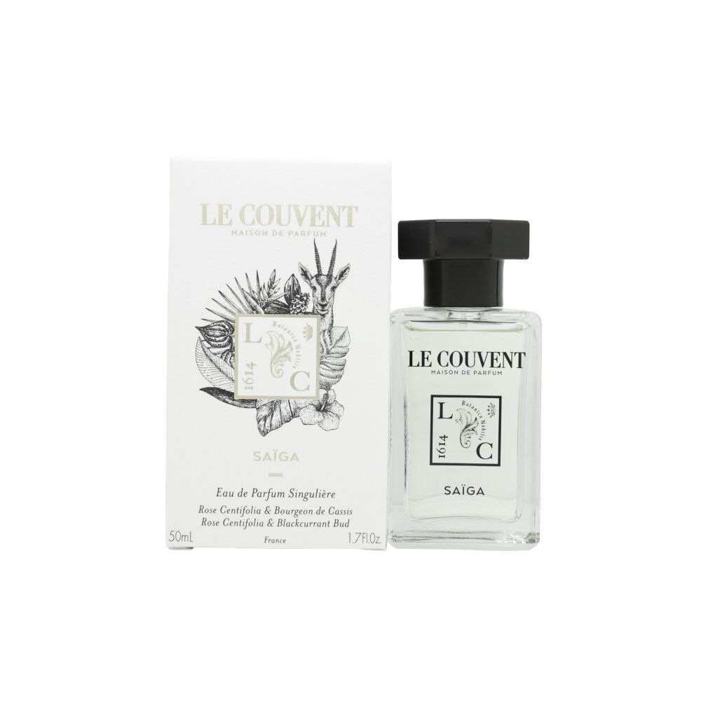 Singuliere Saiga Eau de Parfum 50 ml Flakon und Verpackung, weiße Box mit botanischen Zeichnungen.
