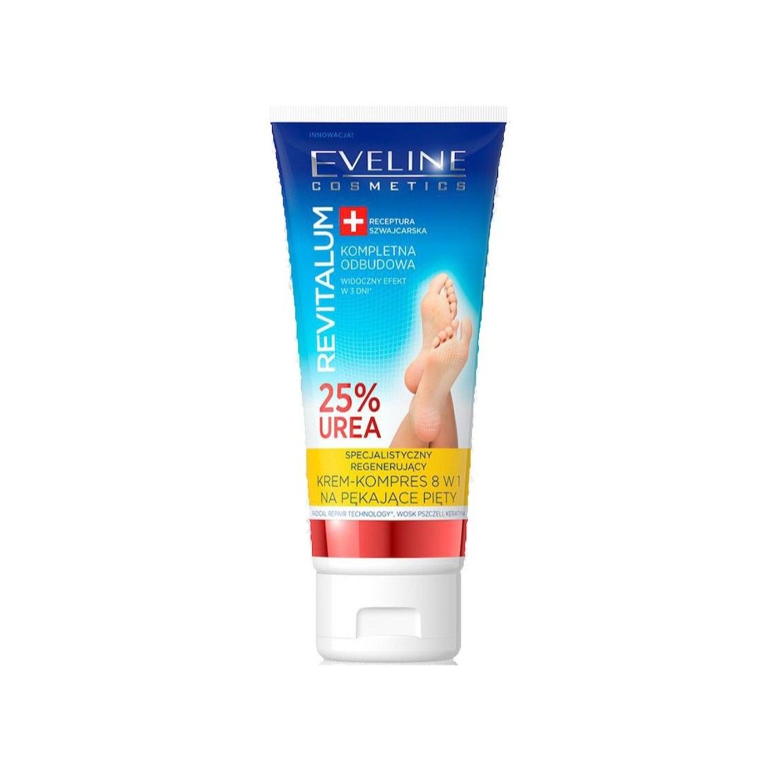 Tube mit Creme für Füße. Aufschrift: Eveline Cosmetics, Revitalum, 25% Urea. Abbildung eines Fußes.