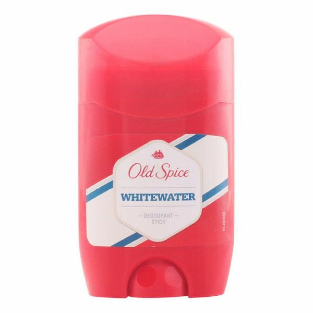 Roter Deostift mit weißem Etikett. Aufschrift: Old Spice Whitewater. Mit blau-weißen Streifen.