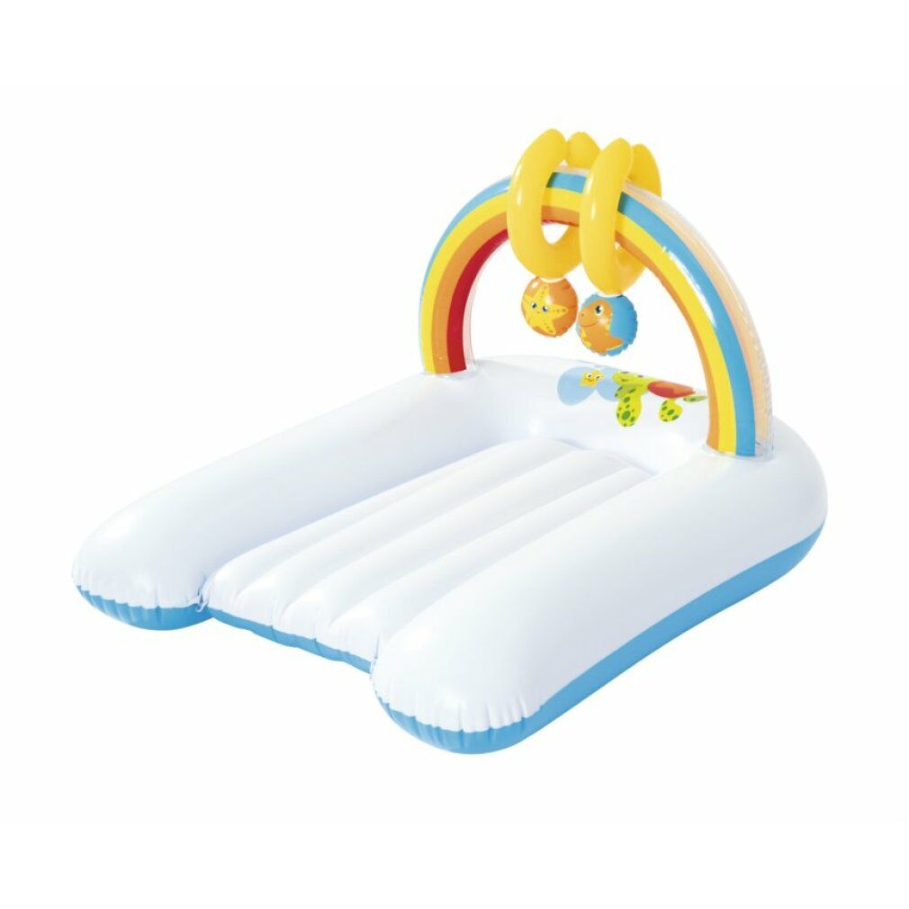 Aufblasbares Produkt mit Regenbogen-Elementen und hängenden Spielzeugen. Weiß mit blauem Rand.