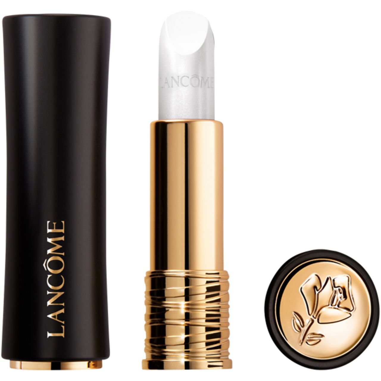 Lippenstift mit schwarzer Hülse und goldfarbenem Schaft. Der Lippenstift ist geöffnet und zeigt die weiße Spitze. Aufschrift: Lancôme.