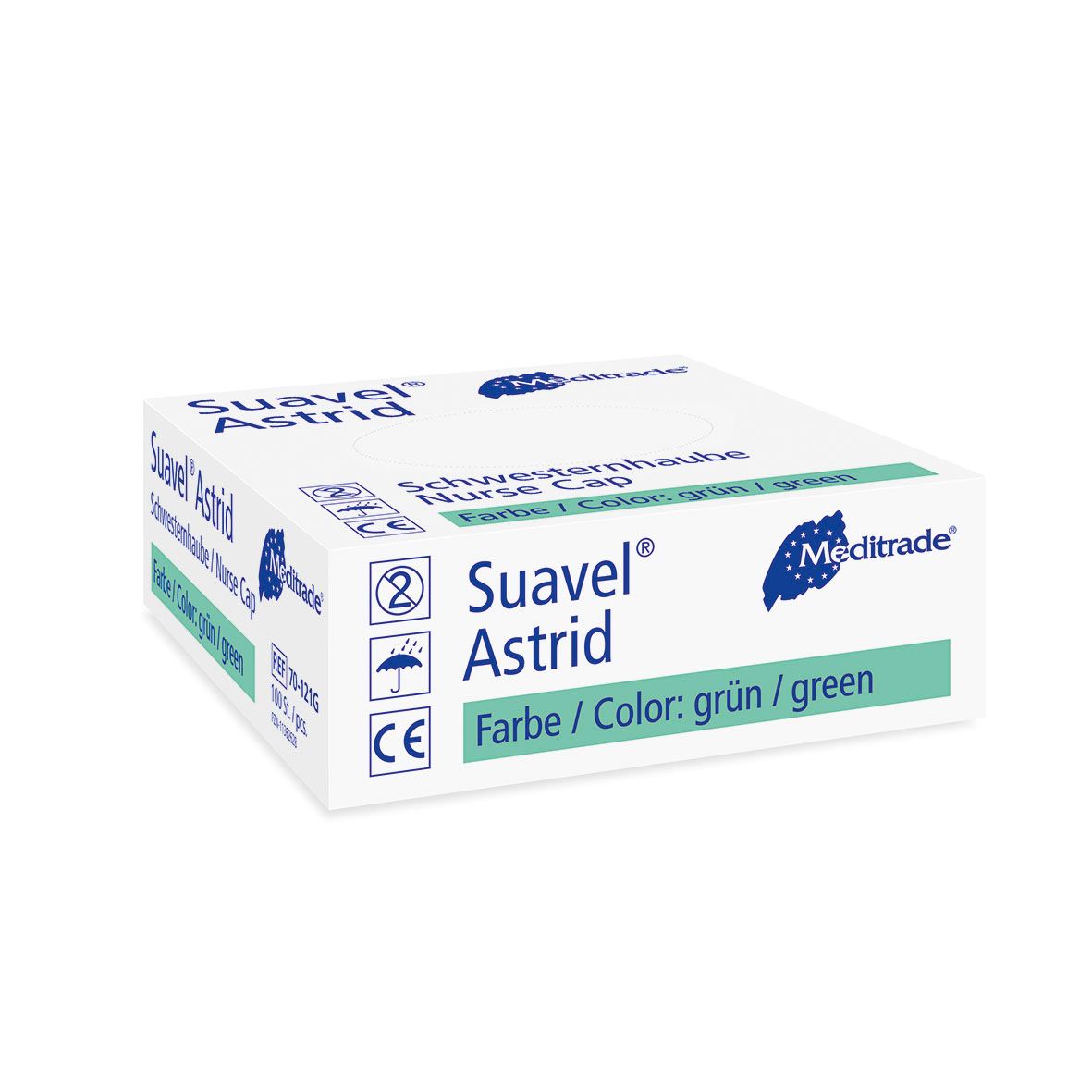 Verpackung der Meditrade Suavel® Astrid Schwesternhaube in Grün. CE-Kennzeichnung sichtbar.