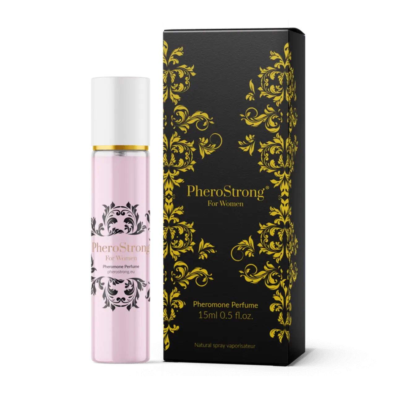 Rosa Flakon und schwarze Verpackung. Flakon: PheroStrong für Frauen. Verpackung: PheroStrong, Pheromon-Parfüm, 15ml.