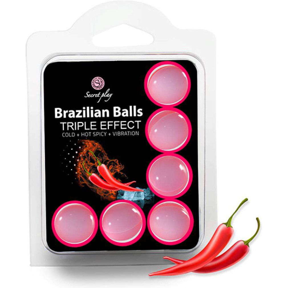 Verpackung mit sechs rosa Kugeln. Aufschrift: Brazilian Balls Triple Effect. Chilischoten liegen daneben.