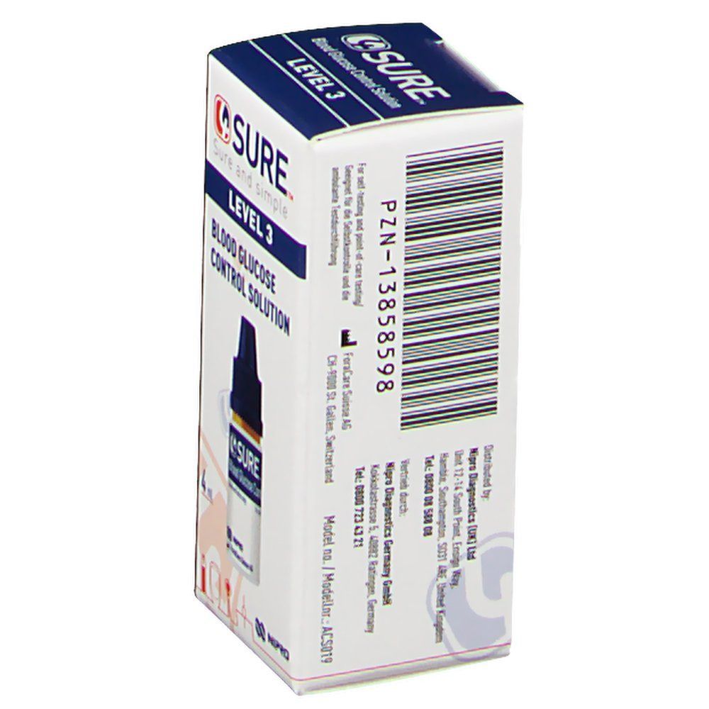 Karton mit 4SURE Blutzucker Kontrolllösung Stufe 3. Blaue und weiße Verpackung. Text und Barcode.