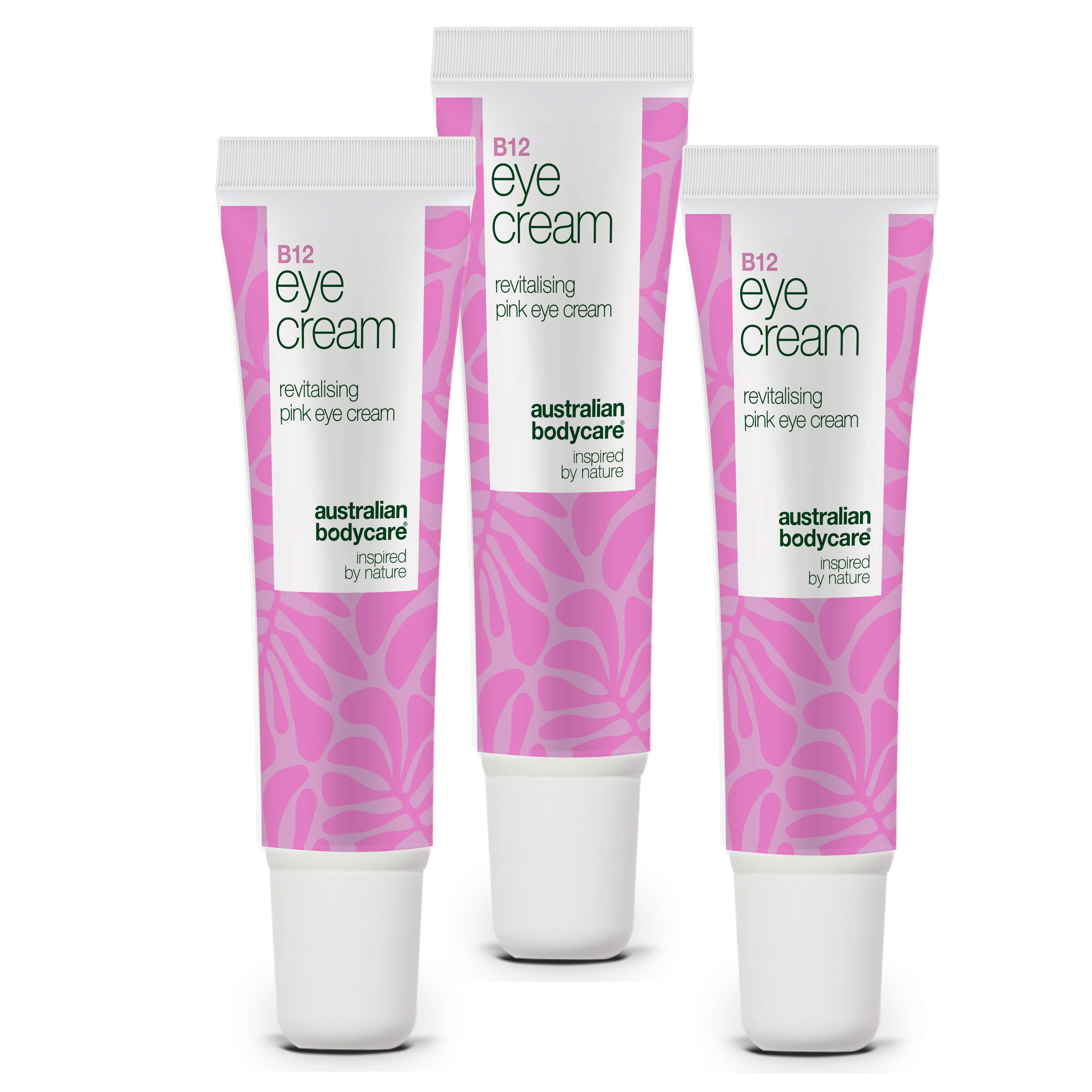 Drei Tuben Augencreme. Weiß-rosa Design. Aufschrift: B12 Eye Cream, revitalising pink eye cream, Australian Bodycare.