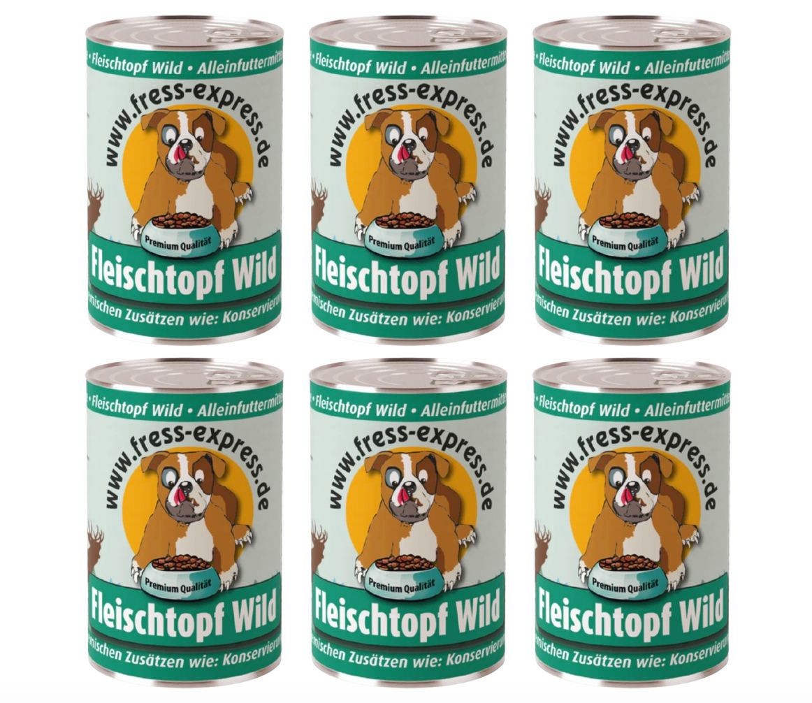 Sechs Dosen Fress-express Fleischtopf Wild Alleinfutter. Auf jeder Dose: Produktname, Logo, Abbildung eines Hundes mit Futter.
