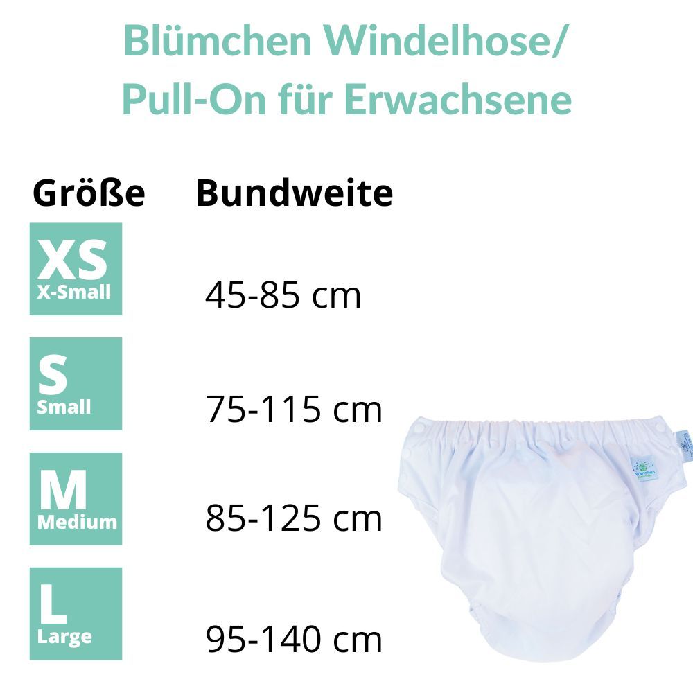 Waschbare Pull-On Hose für Erwachsene, Größen XS-L mit Bundweitenangaben.