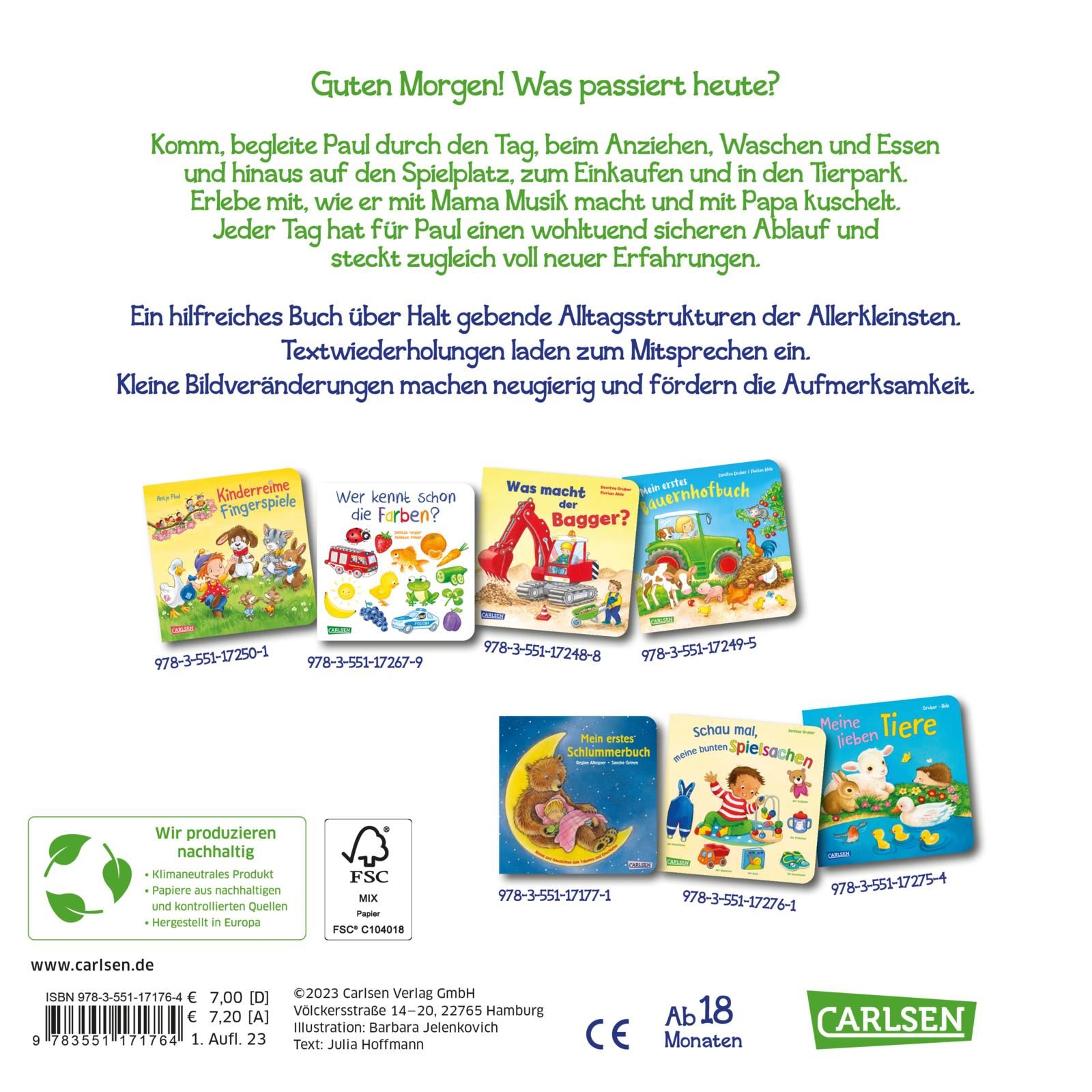 Rückseite des Buches "Komm mit durch meinen Tag". Text, Illustrationen, Logos. Auflistung weiterer Bücher. FSC-Zertifizierung.