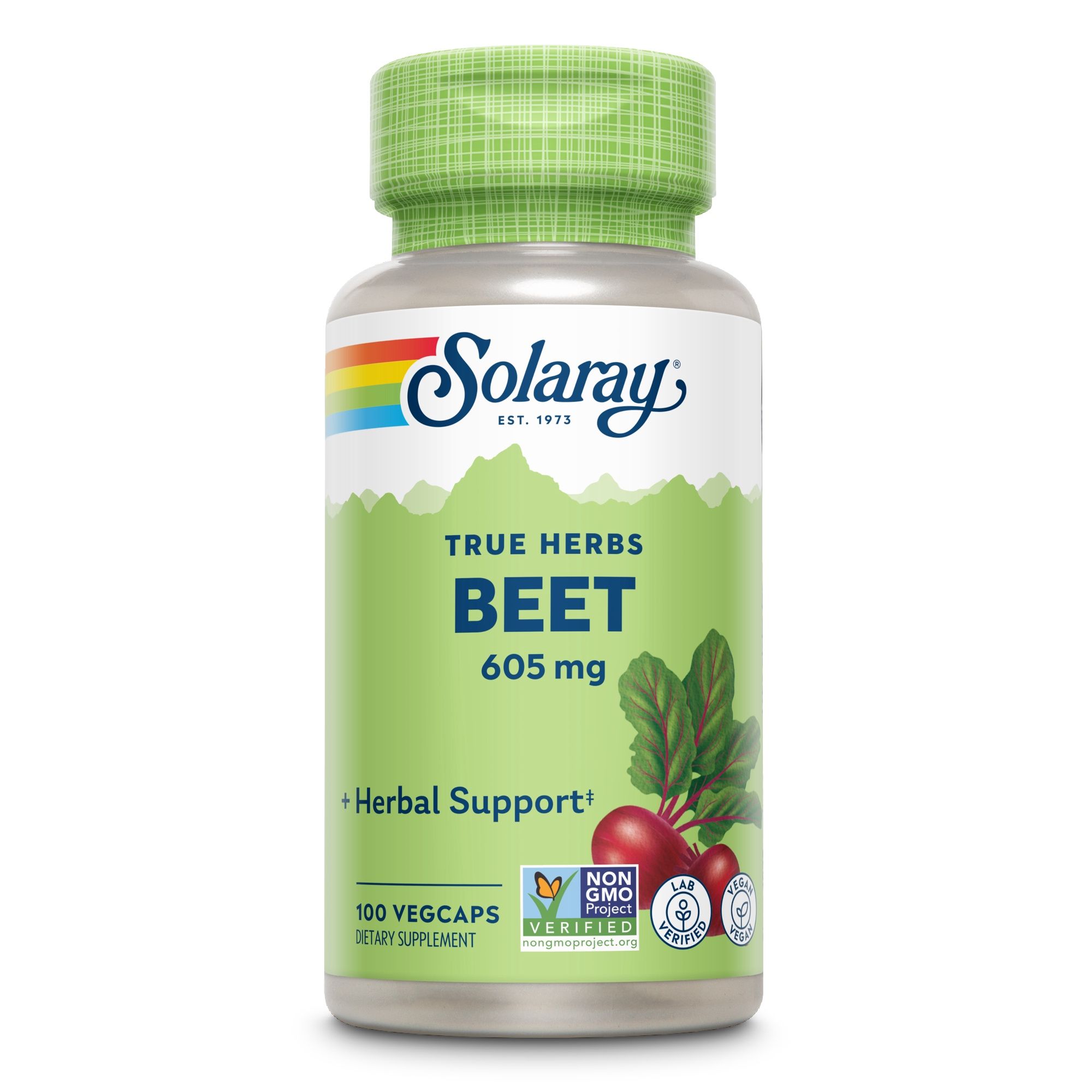 Grüne Kapsel-Dose mit Solaray-Logo. Aufschrift: True Herbs Beet 605 mg. Abbildung von Rote Bete und Blättern. 100 Vegcaps.