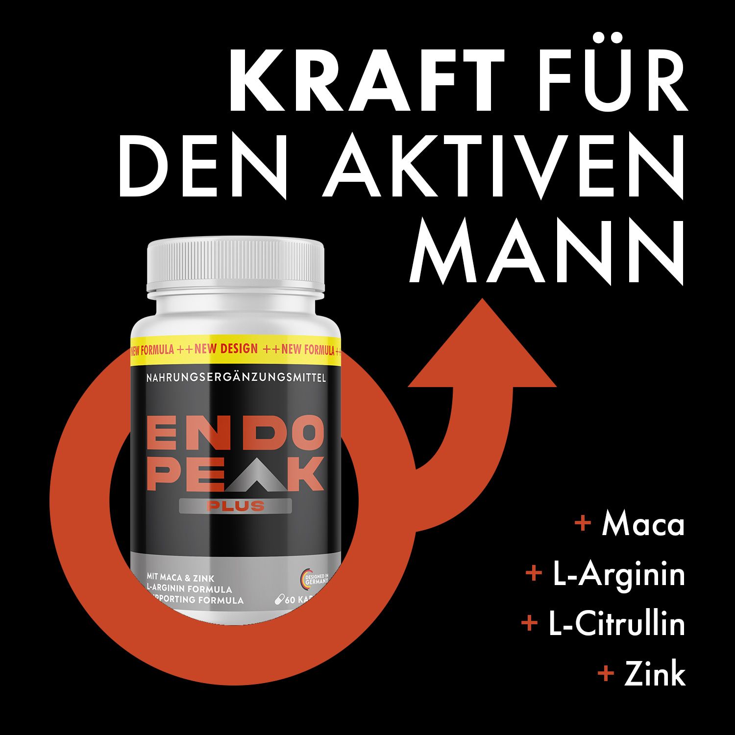 Produktflasche mit gelbem Etikett und Aufschrift ENDO PEAK PLUS. Text: Kraft für den aktiven Mann. Inhaltsstoffe: Maca, L-Arginin, L-Citrullin, Zink.