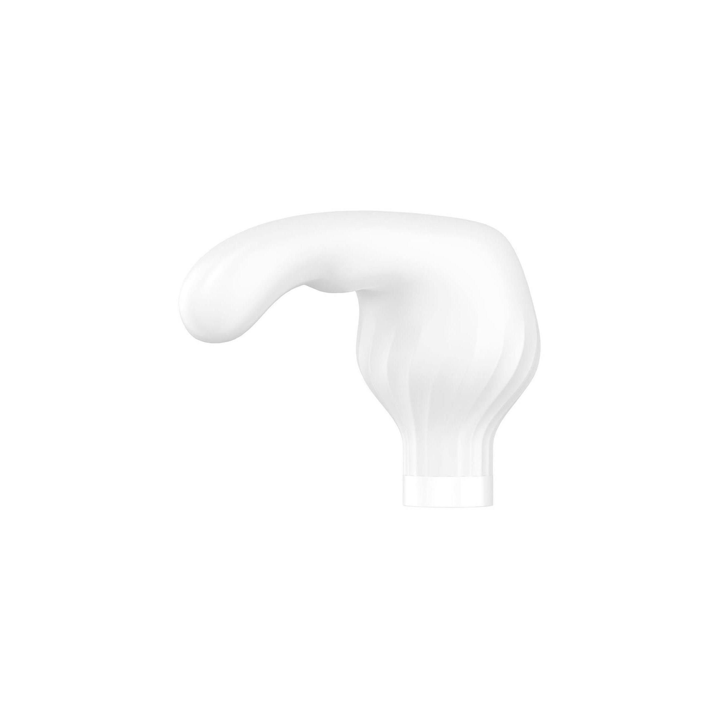 Weißer Vibrator mit rundem Kopf, drei Tasten und einem separaten Aufsatz.