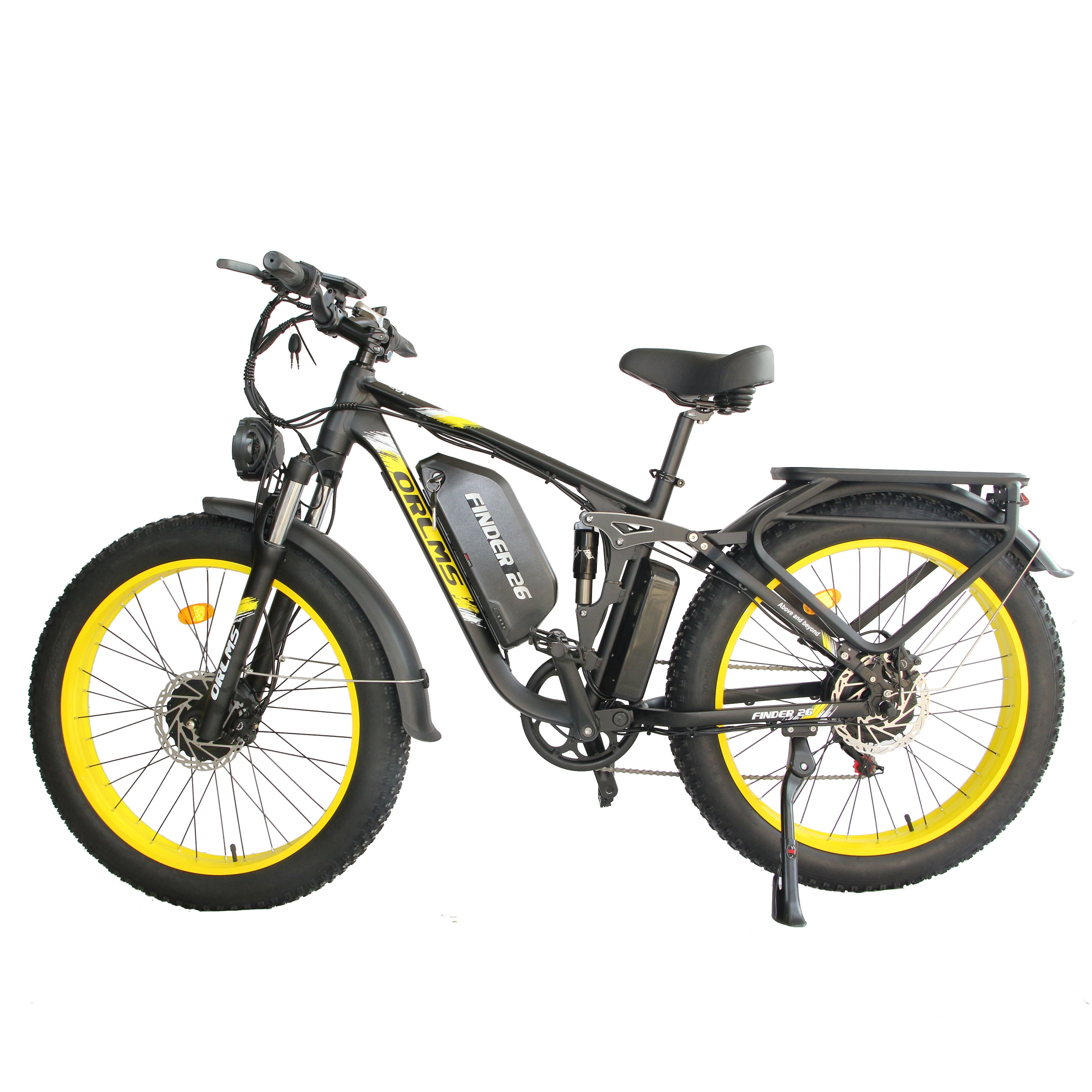 Schwarzes E-Mountainbike mit gelben Felgen. Gepäckträger, Scheinwerfer und Akku. Aufschrift: ORLMS Finder 26.