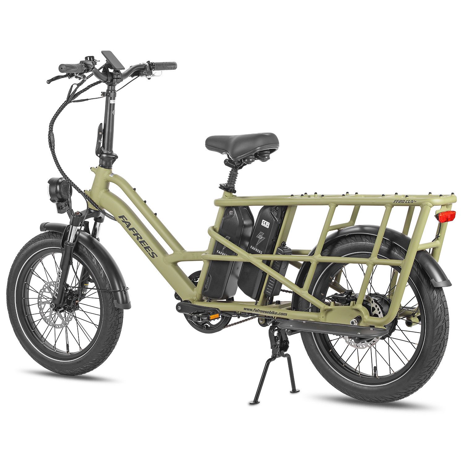 Grünes Fafrees FF20 CUV E-Bike. Gepäckträger, zwei Batterien, Rücklicht, schwarze Reifen und Sattel.